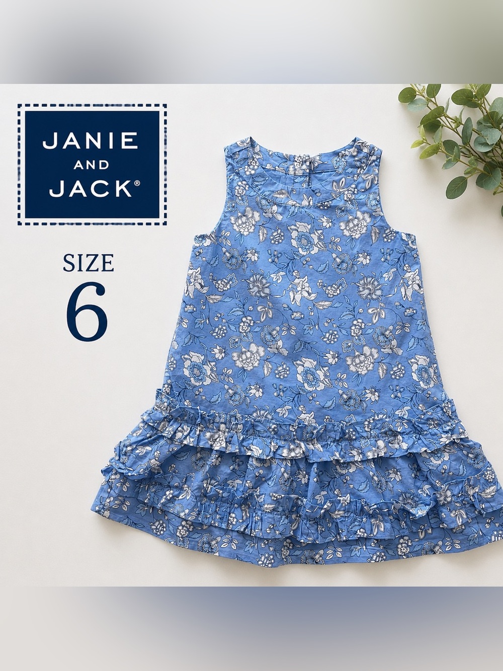 Janie and Jack Blue Floral Ruffle Dress – Size 6